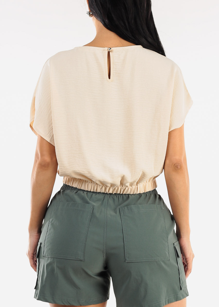 Short Dolman Sleeve Round Neckline Blouse Beige