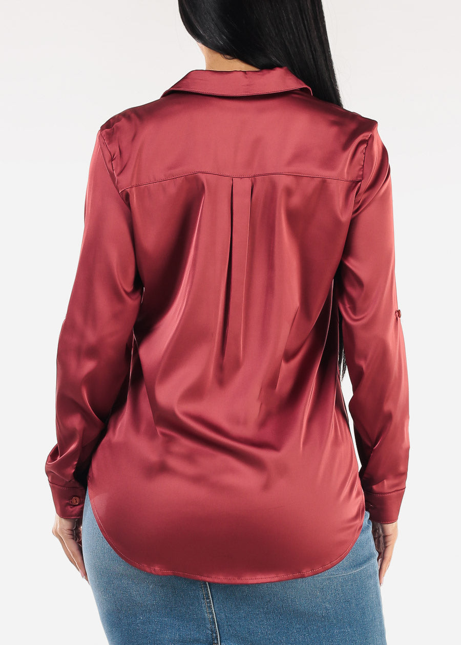Long Sleeve Button Down Stretch Satin Blouse Brick