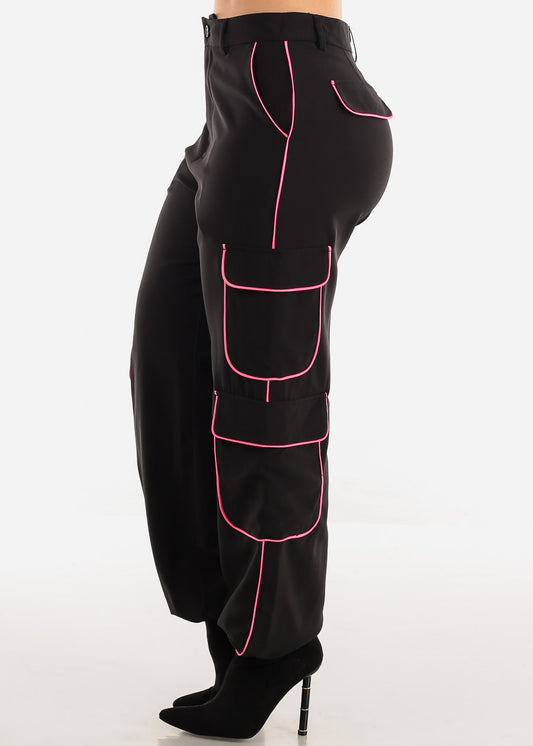 Black High Waist Cargo Jogger Pants w Neon Pink Trim