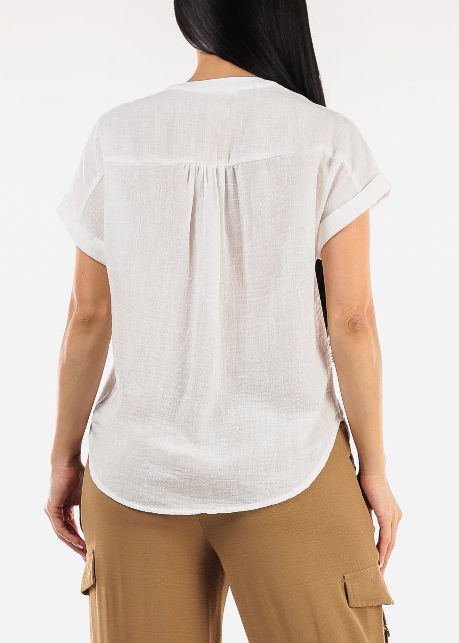 Short Sleeve Button Up Linen Blouse White