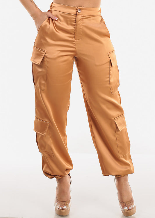 Super High Rise Satin Cargo Jogger Pants Rose Gold