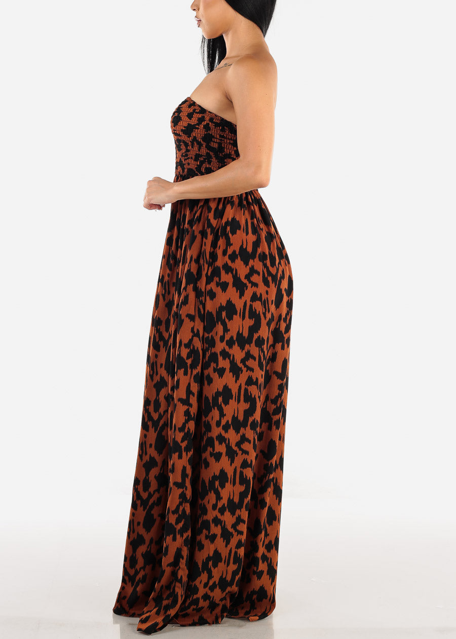 Animal Print Strapless Jumpsuit Brown