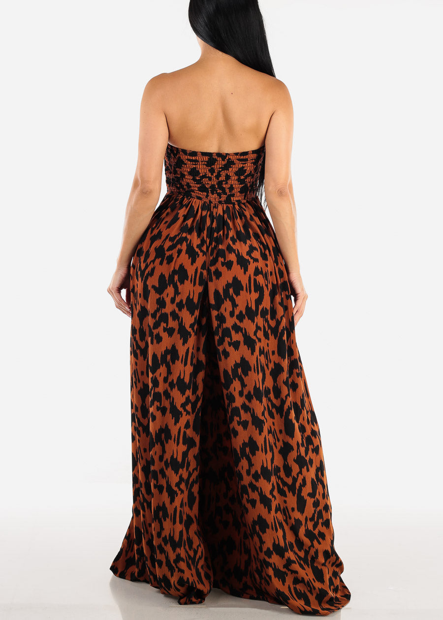 Animal Print Strapless Jumpsuit Brown