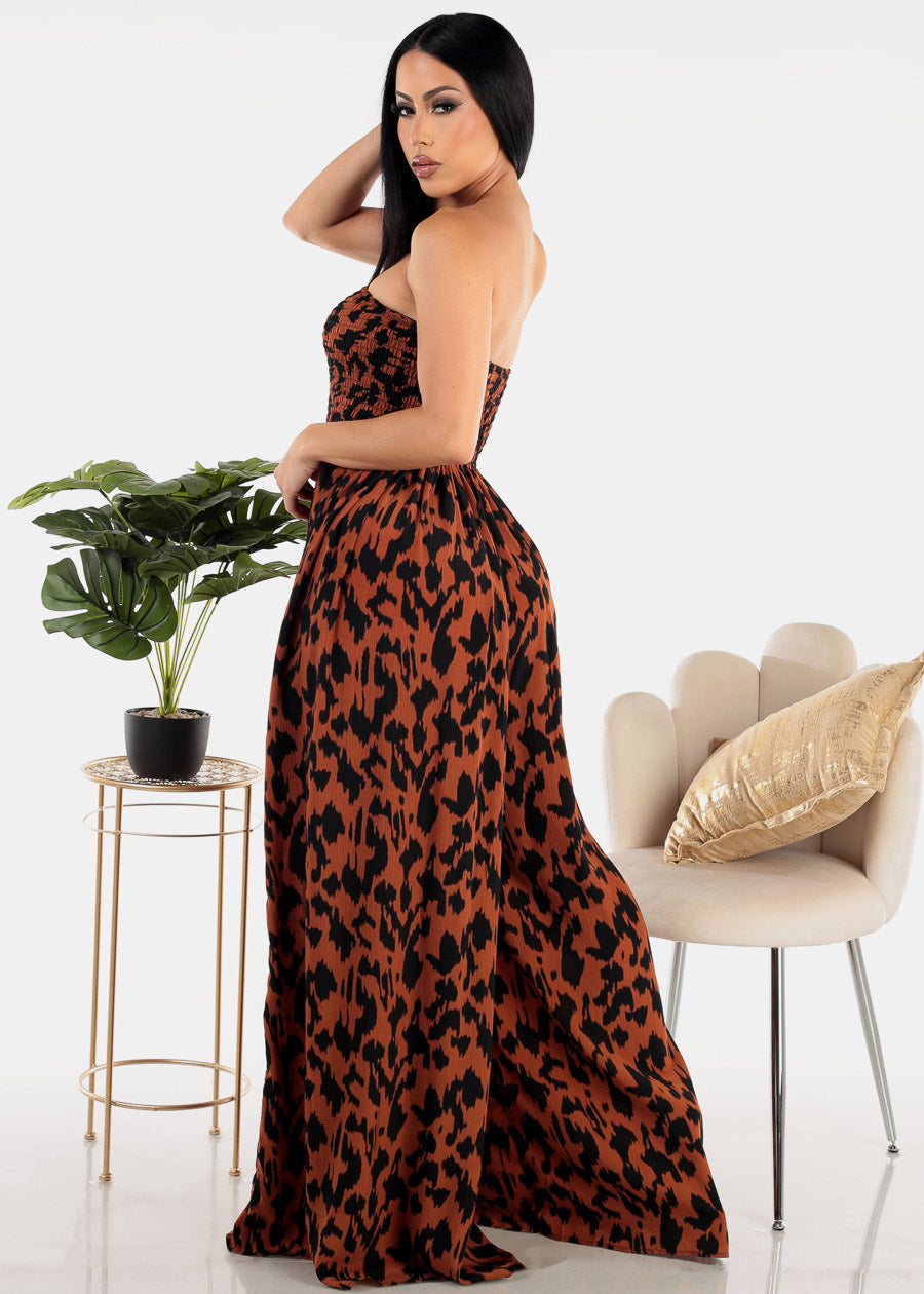 Animal Print Strapless Jumpsuit Brown