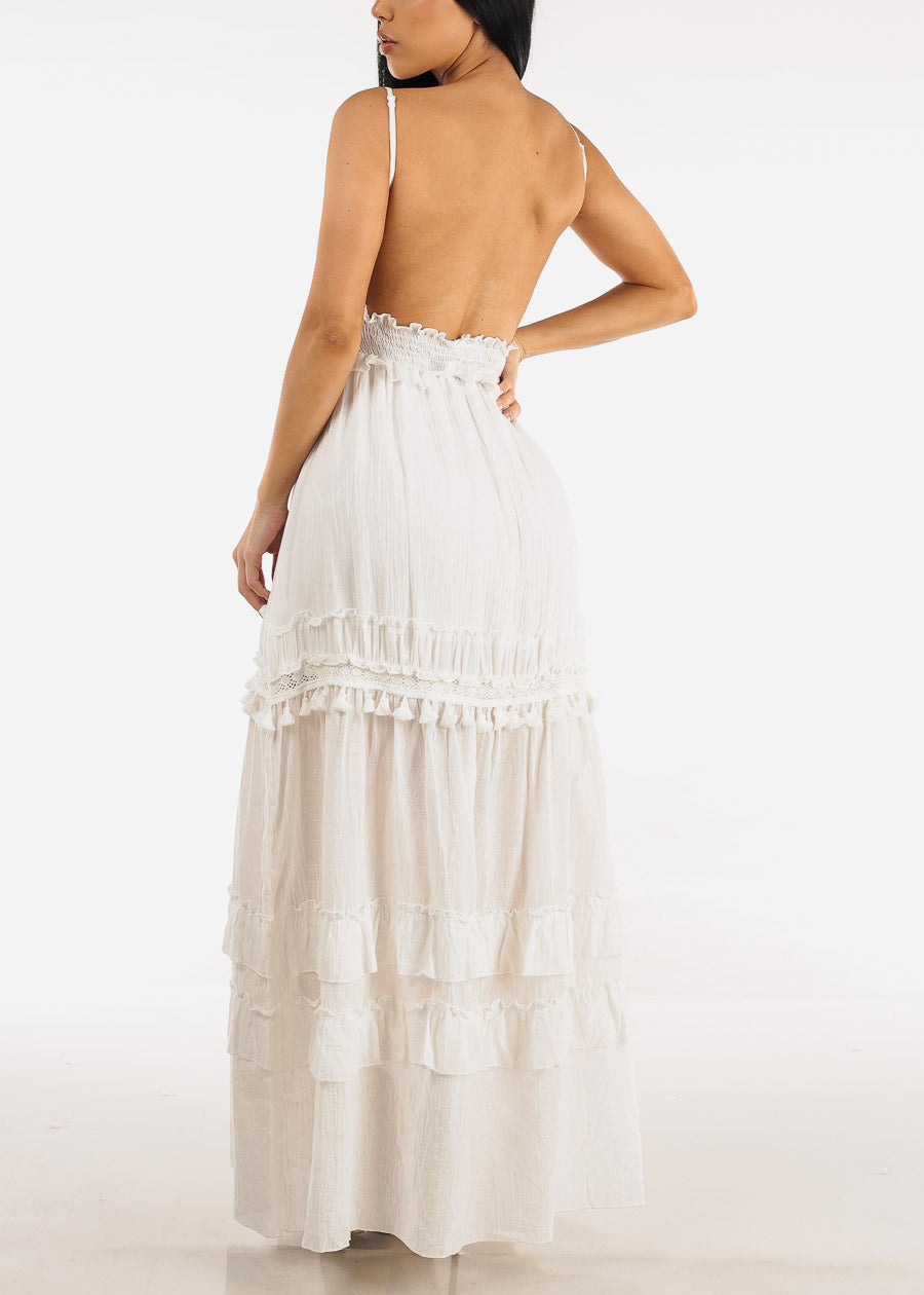 White Open Back Smock Waist Maxi Dress