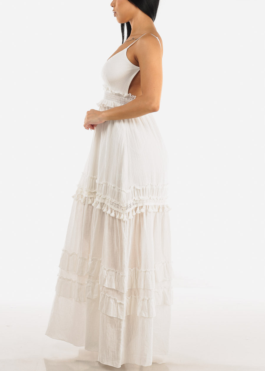 White Open Back Smock Waist Maxi Dress