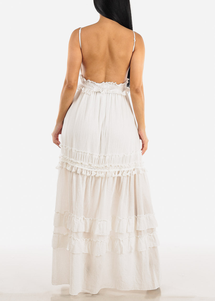 White Open Back Smock Waist Maxi Dress