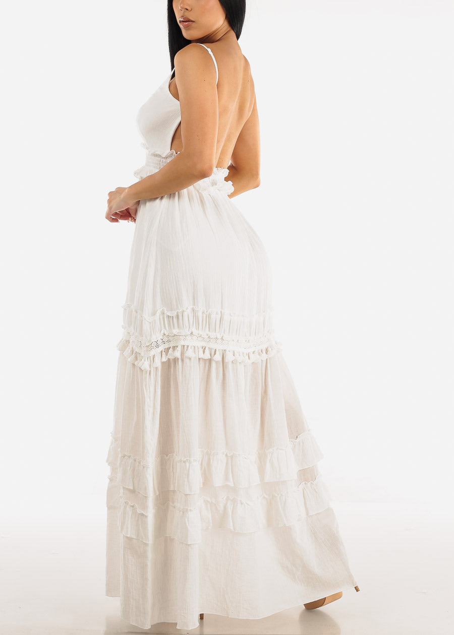 White Open Back Smock Waist Maxi Dress