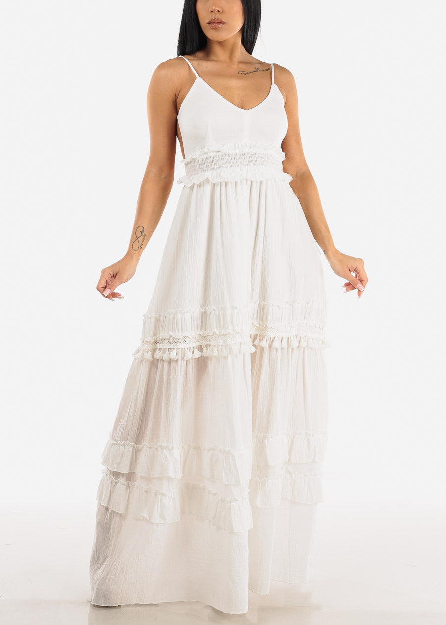 White Open Back Smock Waist Maxi Dress