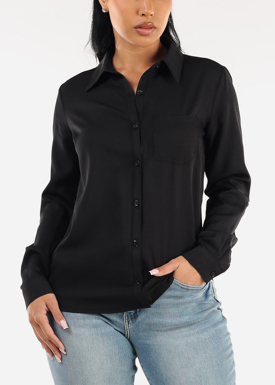 Long Sleeve Button Down Twill Collared Blouse Black