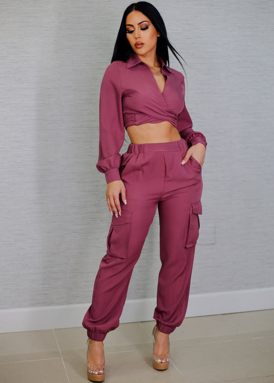 Long Sleeve Crop Top & Cargo Jogger Pants Mauve (2PCE SET)