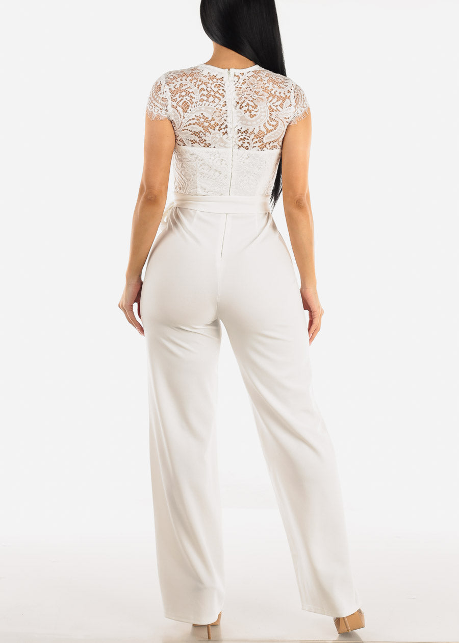 Short Sleeve Wide Legged Lace Jumpsuit Off White