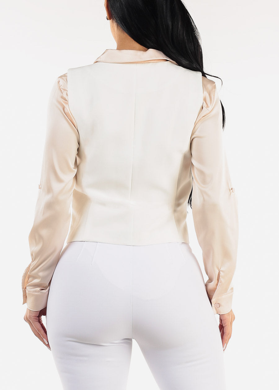 White Sleeveless Vneck Button Up Dressy Vest