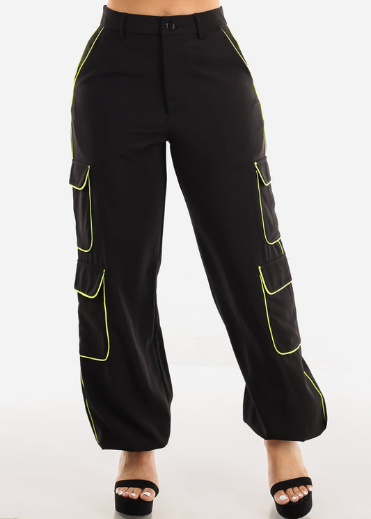 Black High Waist Cargo Jogger Pants w Neon Yellow Trim