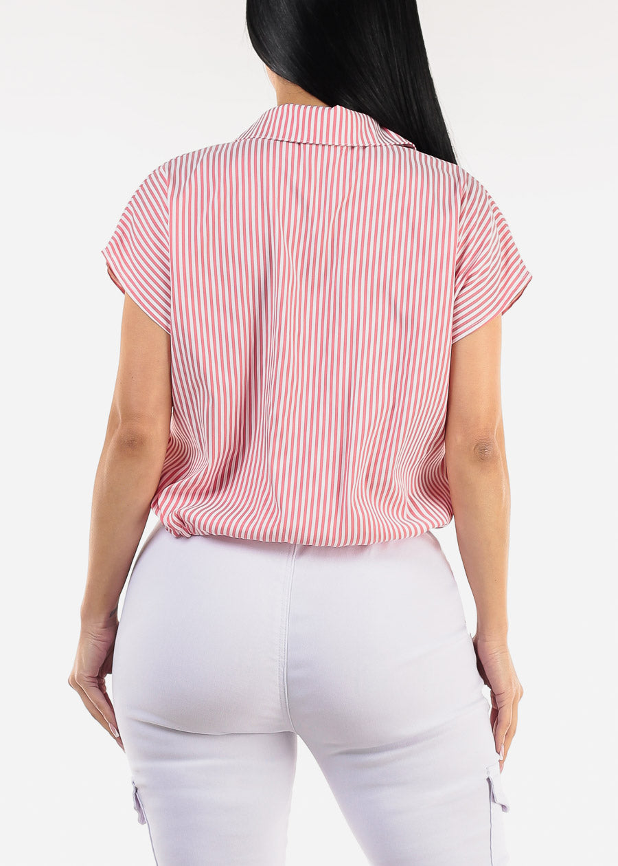 Short Sleeve Stripe Button Up Blouse Terracotta