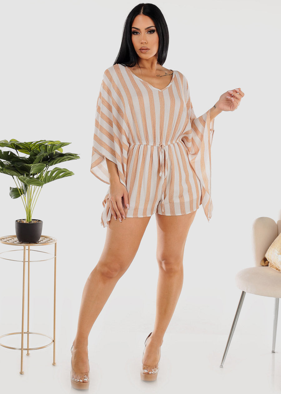 Stripe Vneck Woven Romper Mocha