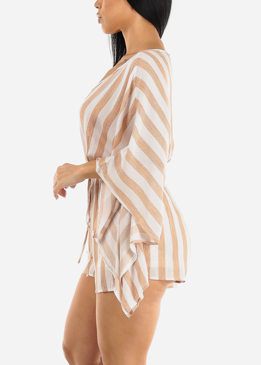 Stripe Vneck Woven Romper Mocha