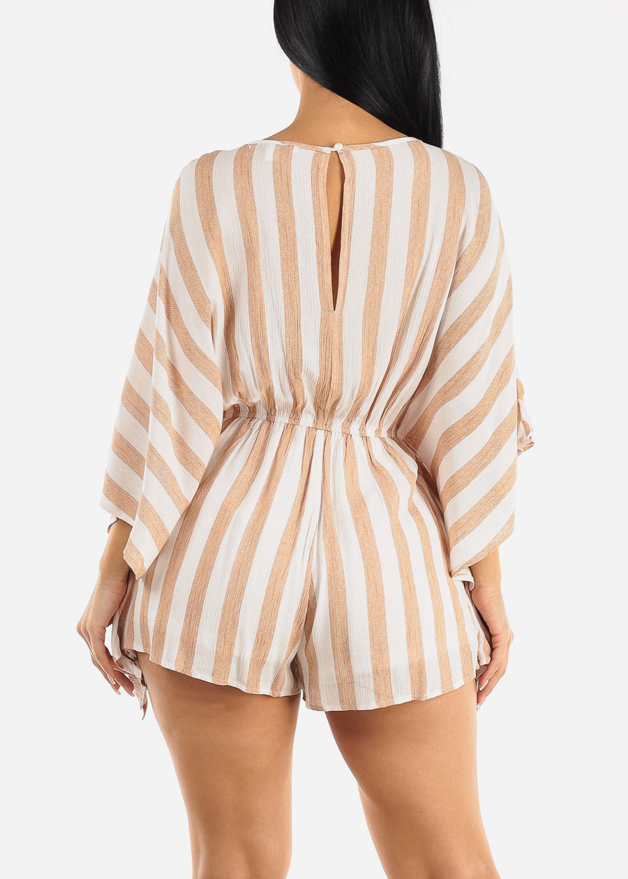 Stripe Vneck Woven Romper Mocha