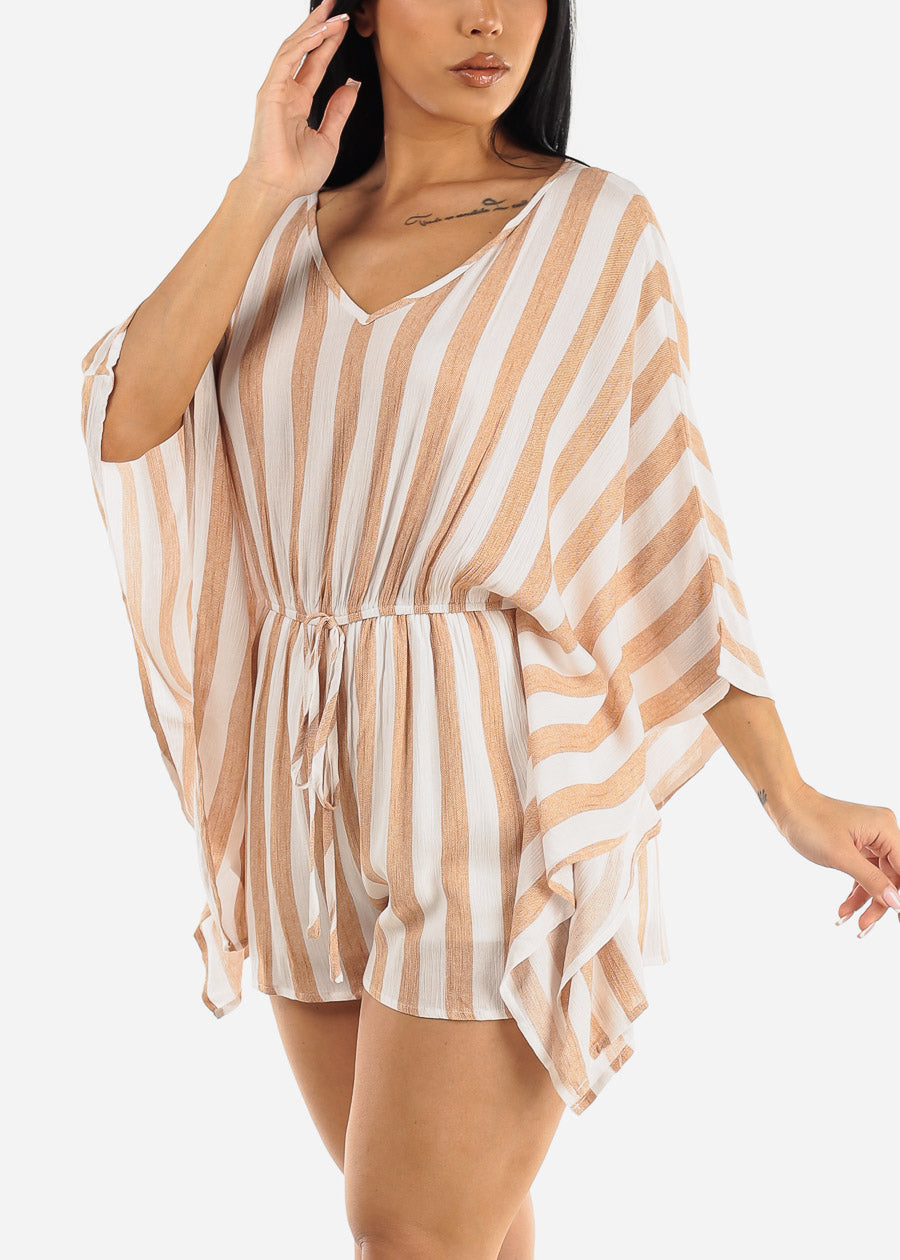 Stripe Vneck Woven Romper Mocha