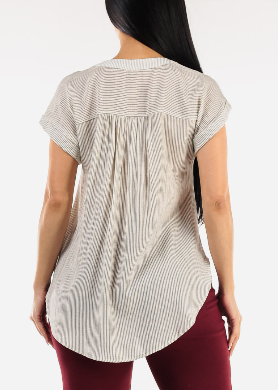 Short Sleeve Vneck High Low Stripe Blouse Ivory