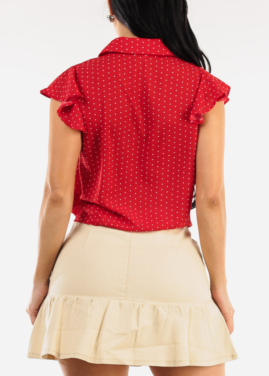 Short Sleeve Front Tie Polka Dot Blouse Red