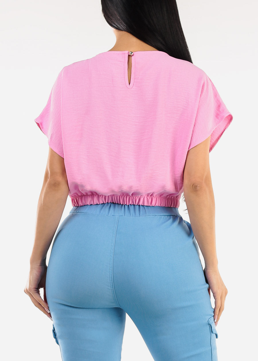 Short Dolman Sleeve Round Neckline Blouse Pink