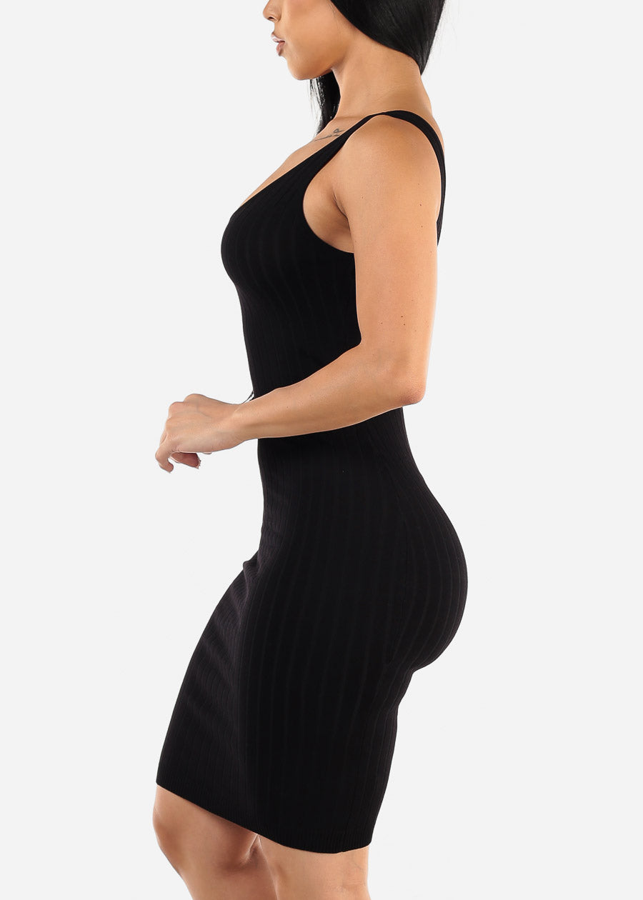 Sleeveless Ribbed Black Bodycon Dress