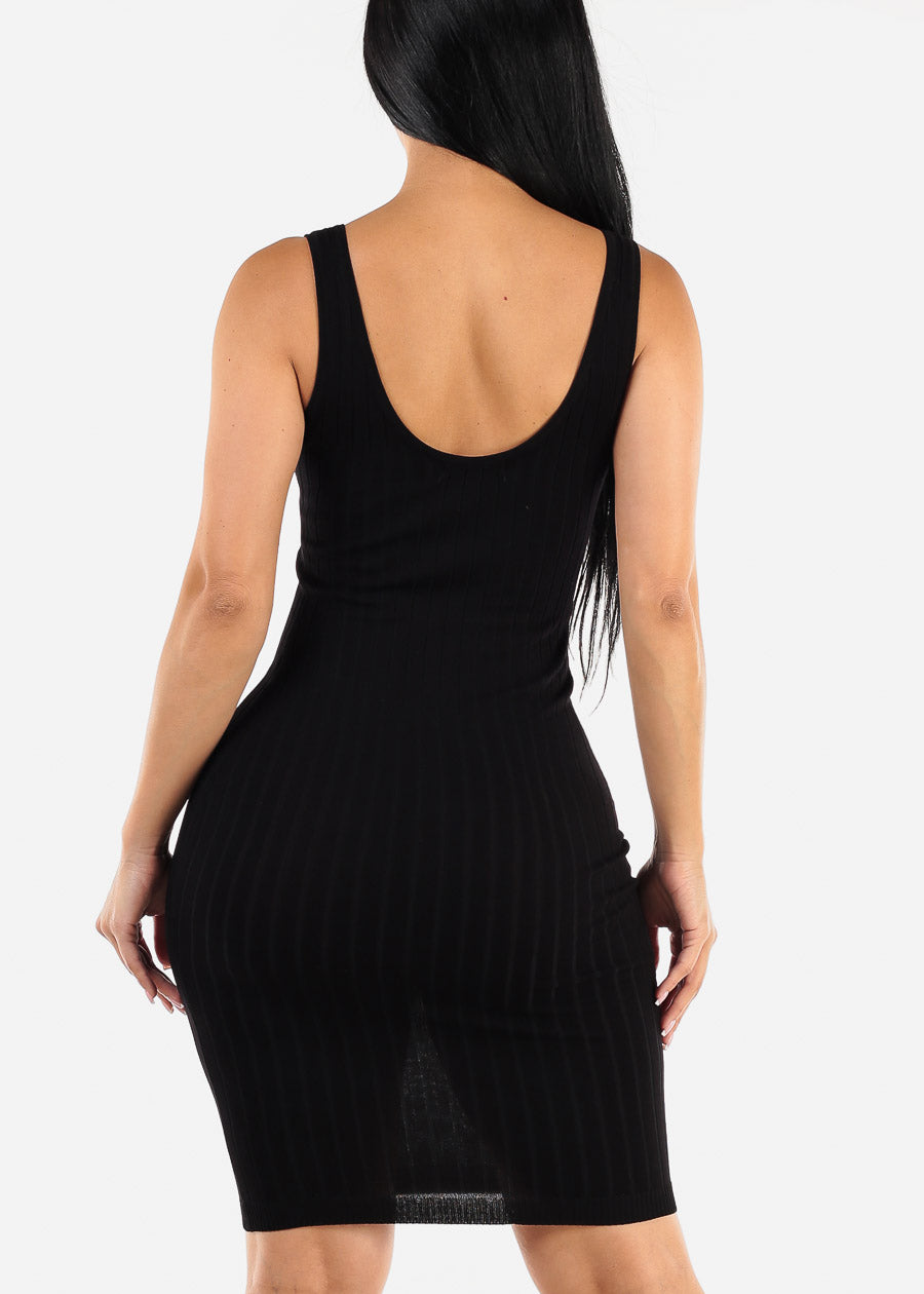 Sleeveless Ribbed Black Bodycon Dress