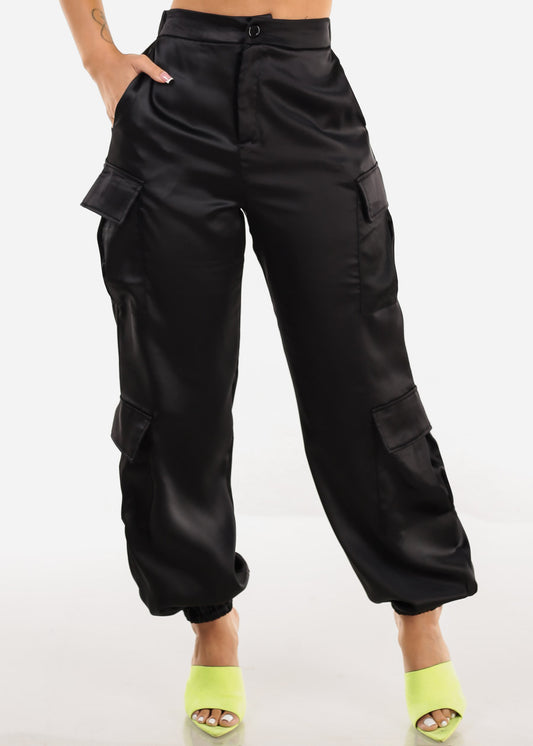 Super High Rise Black Satin Cargo Jogger Pants