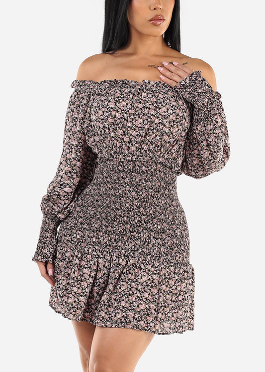 Off Shoulder Smocked Floral Mini Dress Black