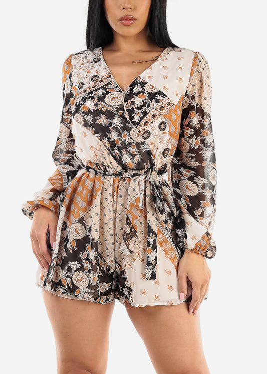 Long Sleeve Surplice Printed Romper Black