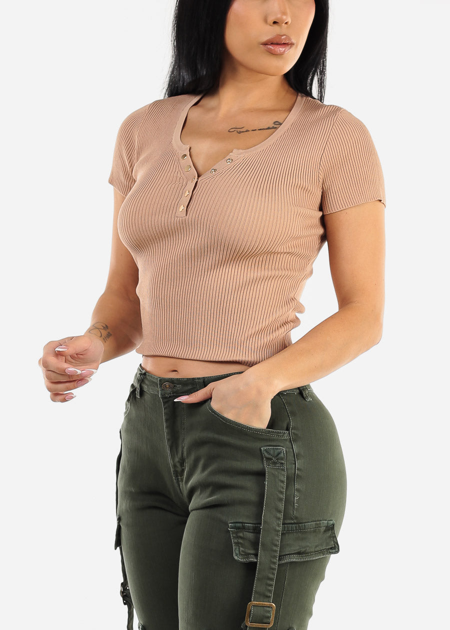 Short Sleeve Ribbed Henley Top Khaki