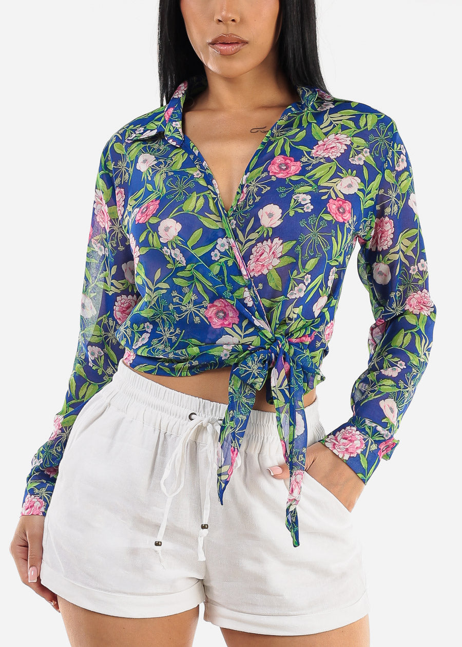 Long Sleeve Surplice Floral Blouse Blue