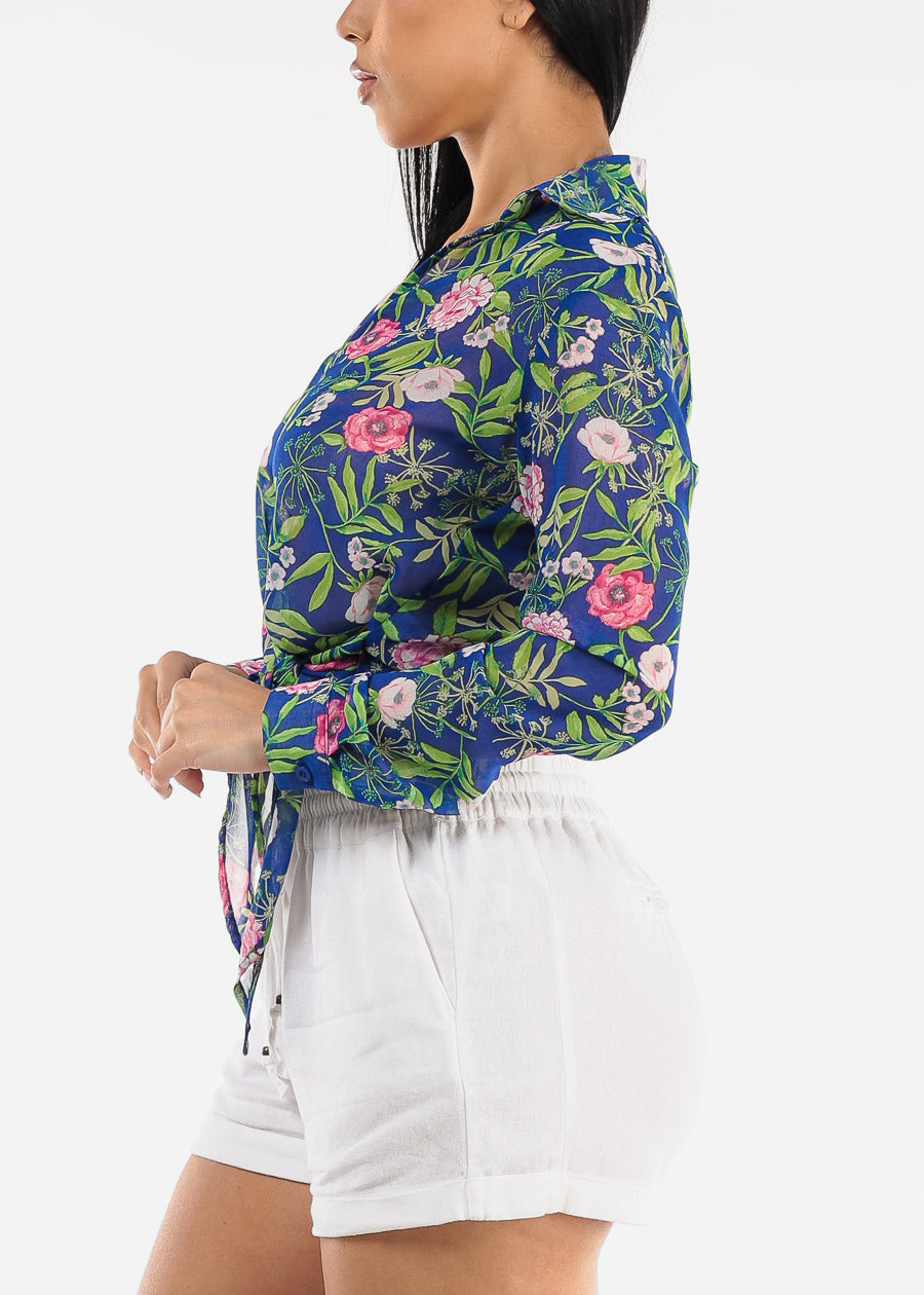 Long Sleeve Surplice Floral Blouse Blue