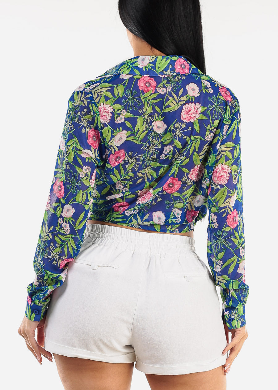 Long Sleeve Surplice Floral Blouse Blue