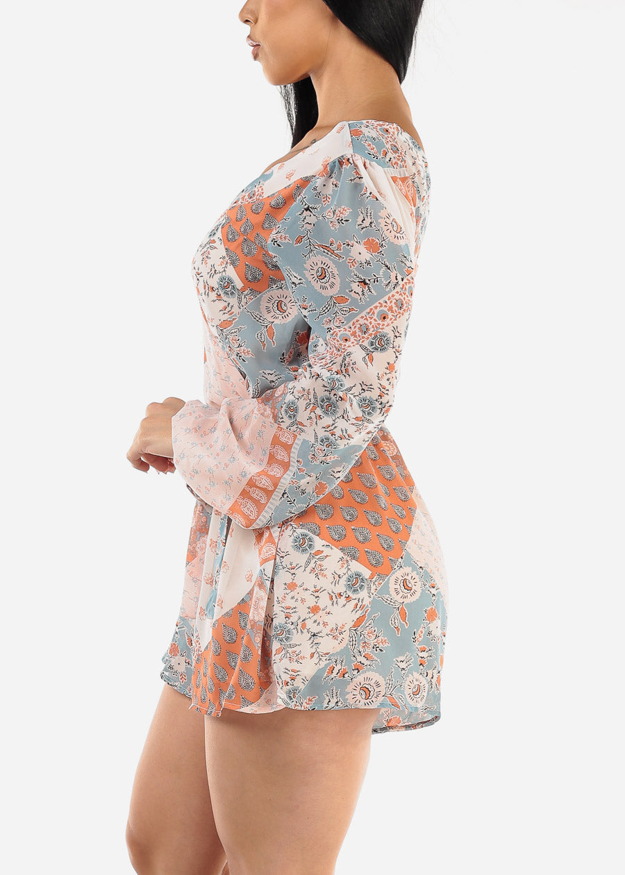 Long Sleeve Surplice Printed Romper Rust