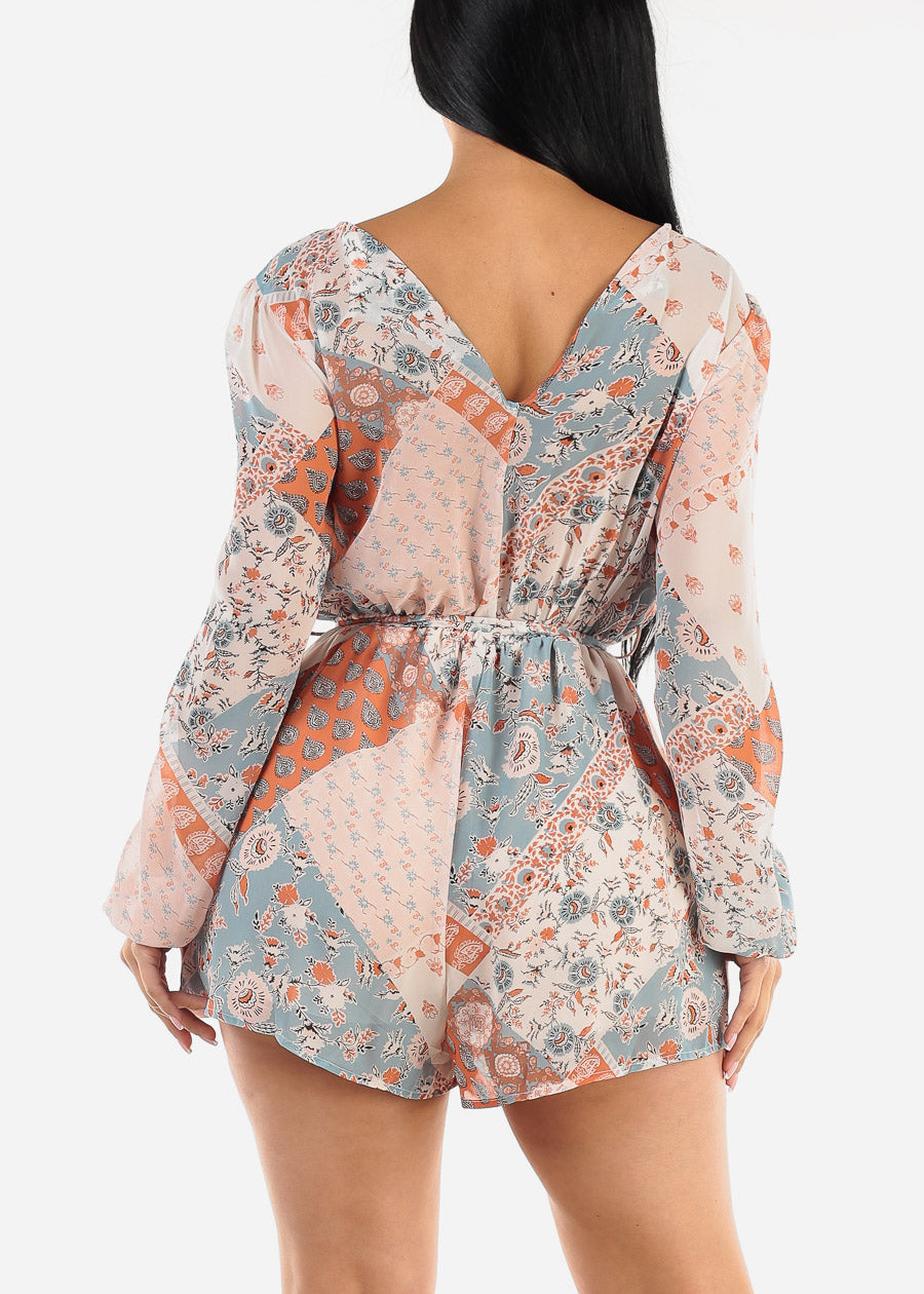 Long Sleeve Surplice Printed Romper Rust