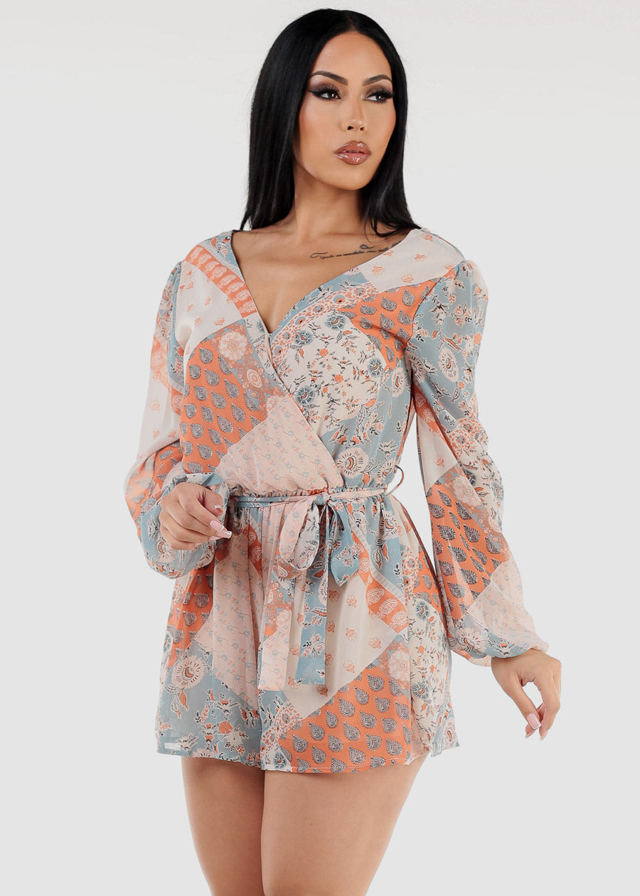 Long Sleeve Surplice Printed Romper Rust