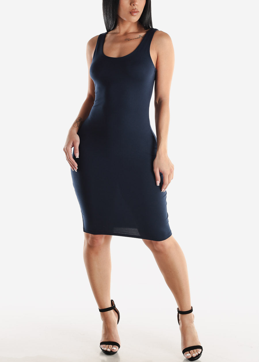 Scoop Neck Bodycon Midi Dress Navy