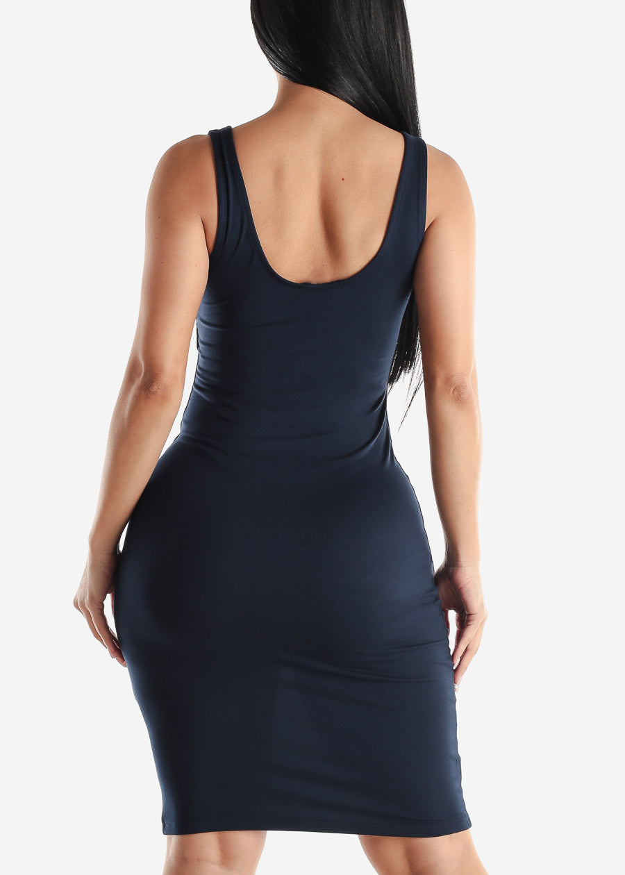 Scoop Neck Bodycon Midi Dress Navy