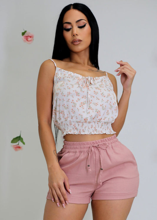 White Satin Sleeveless Floral Cami Crop Top