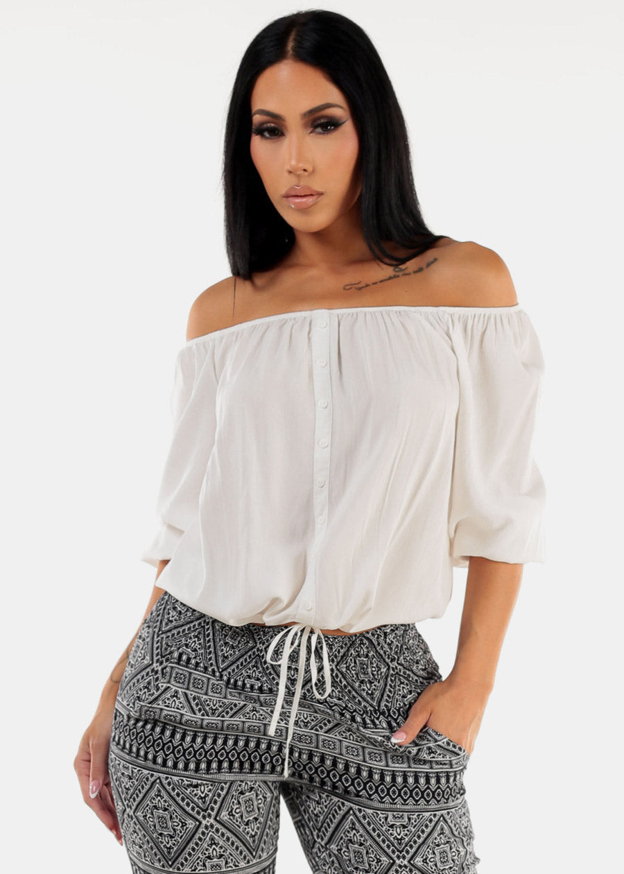 Drawstring Waist White Off Shoulder Top