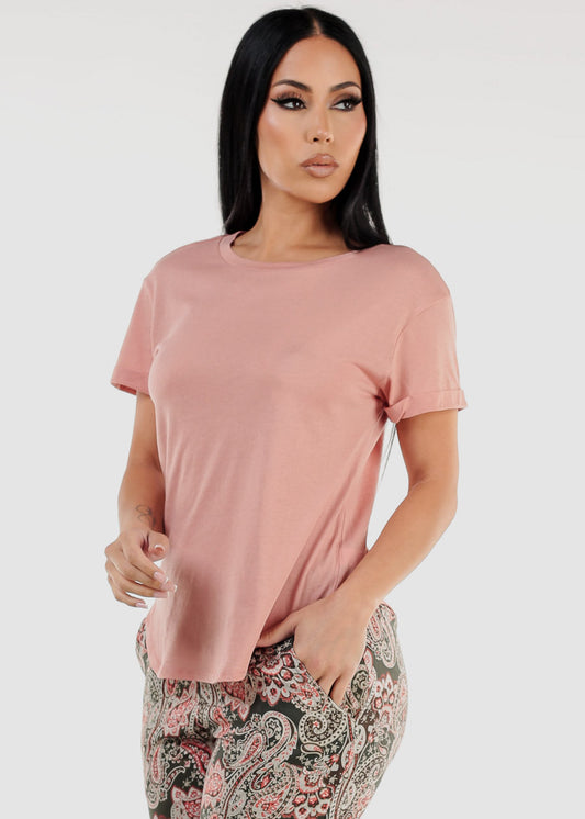 Cuffed Short Sleeve Round Hem Oversized Top Mauve