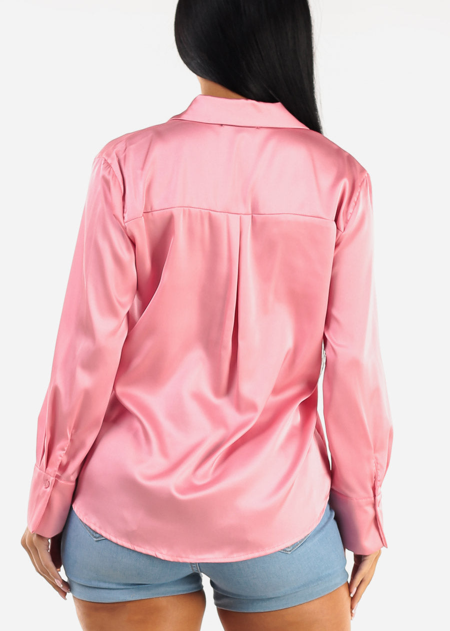 Satin Long Sleeve Button Down Collared Blouse pink