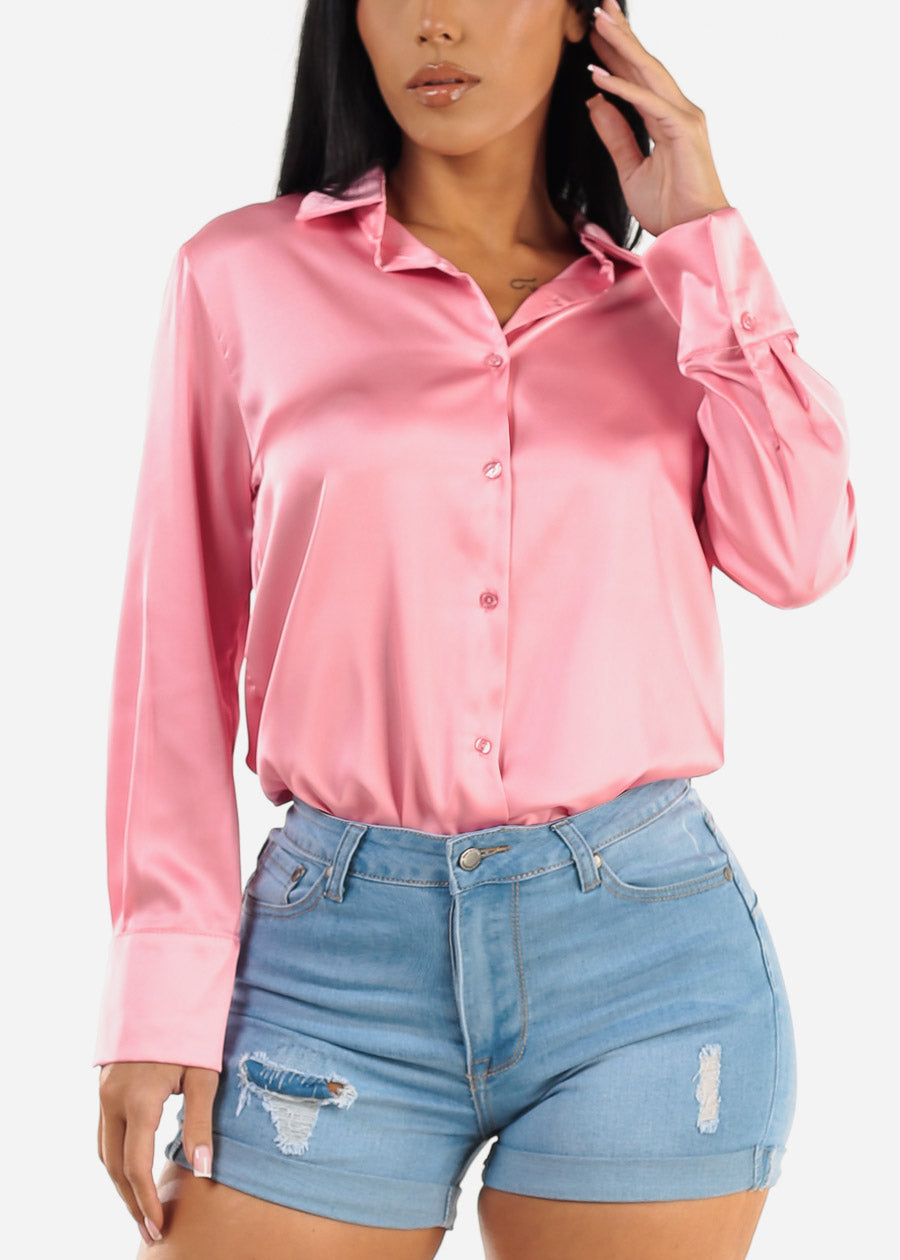 Satin Long Sleeve Button Down Collared Blouse pink