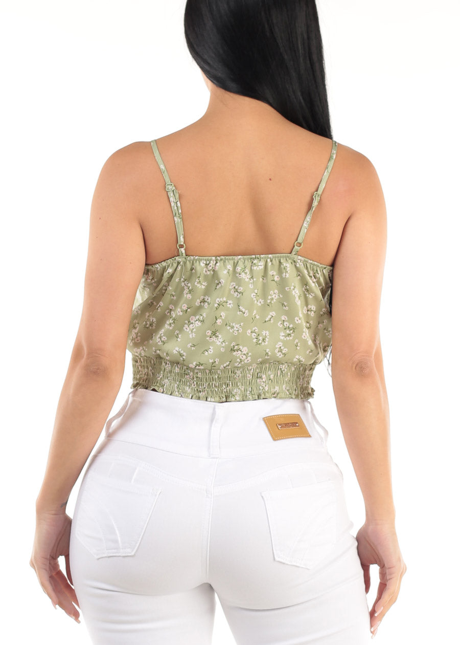 Satin Sleeveless Floral Cami Crop Top Light Green