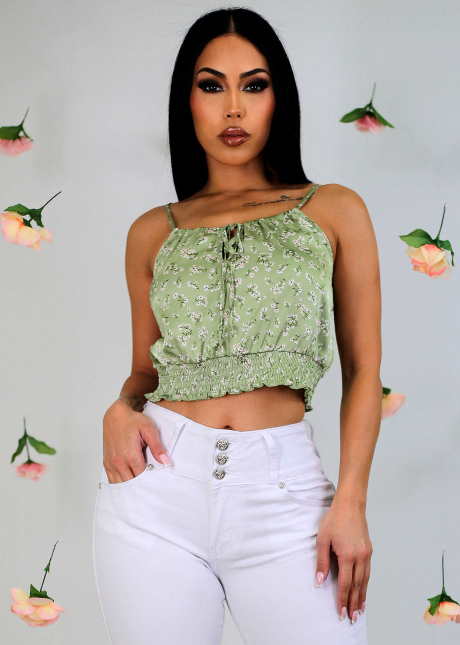 Satin Sleeveless Floral Cami Crop Top Light Green