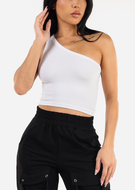 Seamless One Shoulder White Crop Top