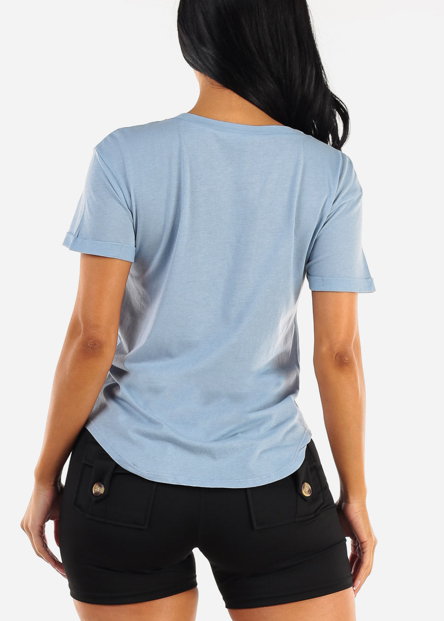 Cuffed Short Sleeve Round Hem Oversized Top Light Blue