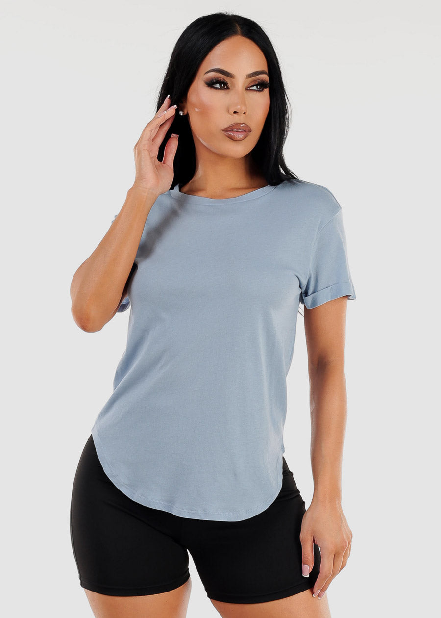 Cuffed Short Sleeve Round Hem Oversized Top Light Blue